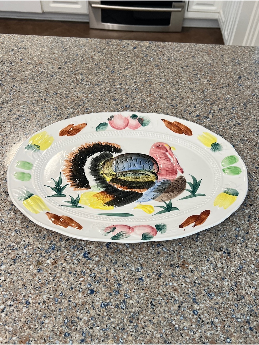 VTG Thanksgiving Turkey Hand Painted Pottery XL Platter Tray Plate Oval Japan